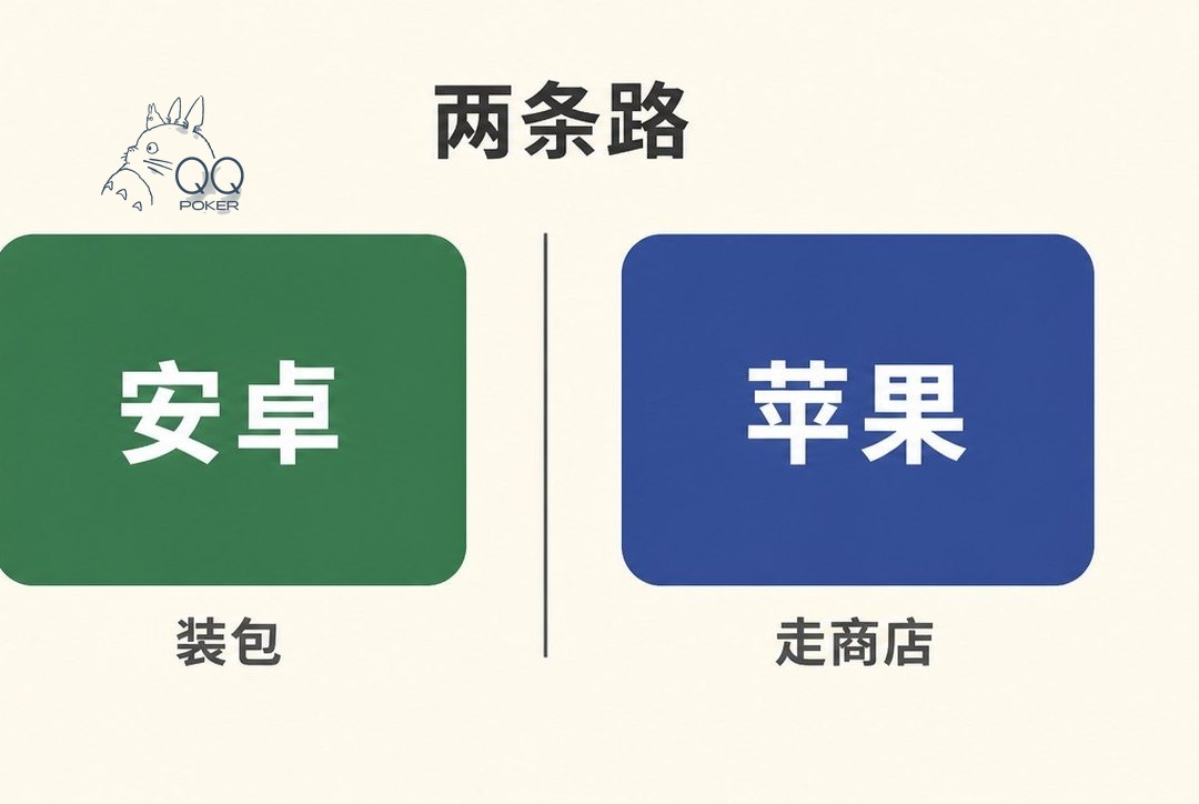 扁平矢量风格的中文信息图，左右两栏对照安卓与苹果两条安装路线